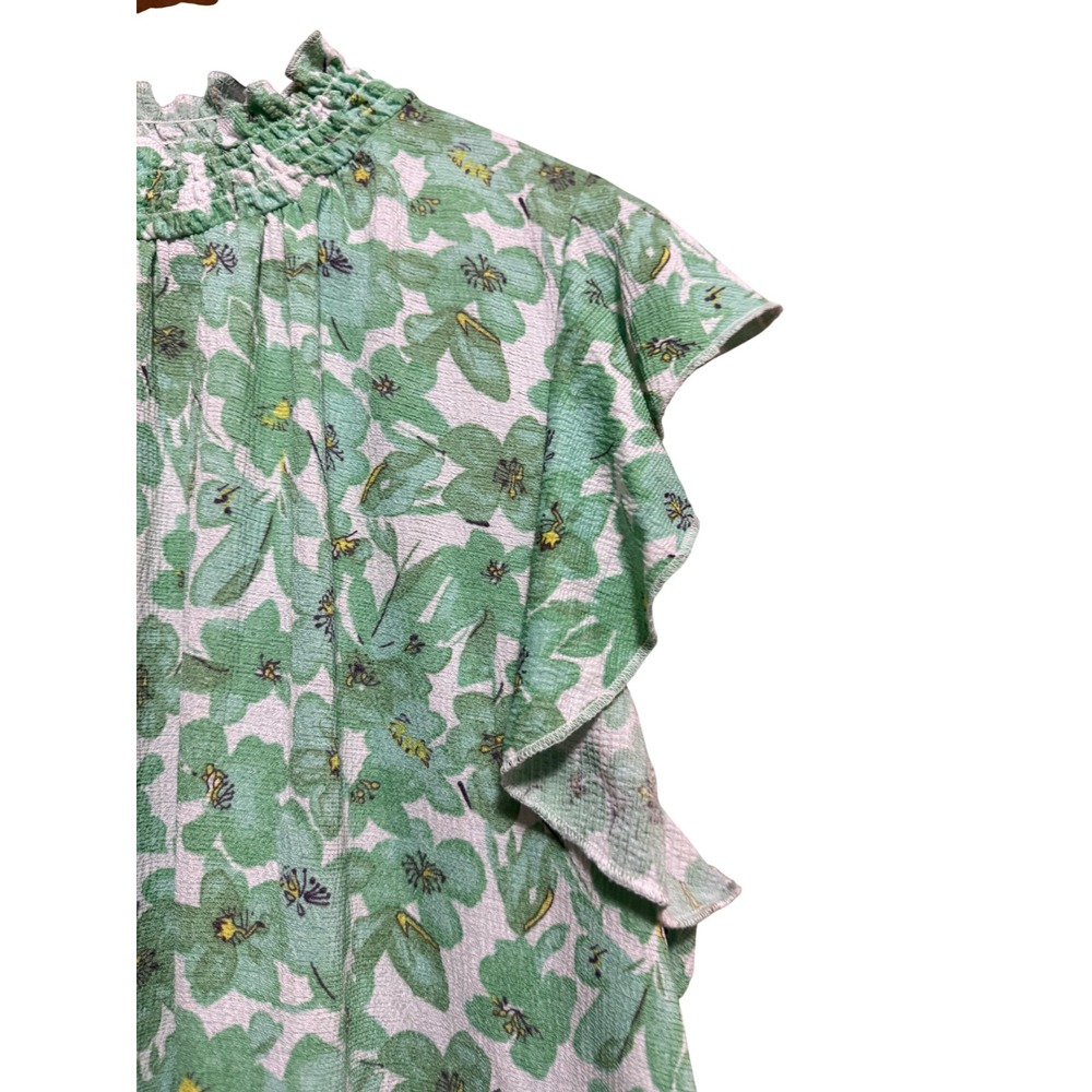 Melloday Smocked Mock Neck Blouse Womens XL Green Floral Flutter Sleeve - Picture 3 of 7